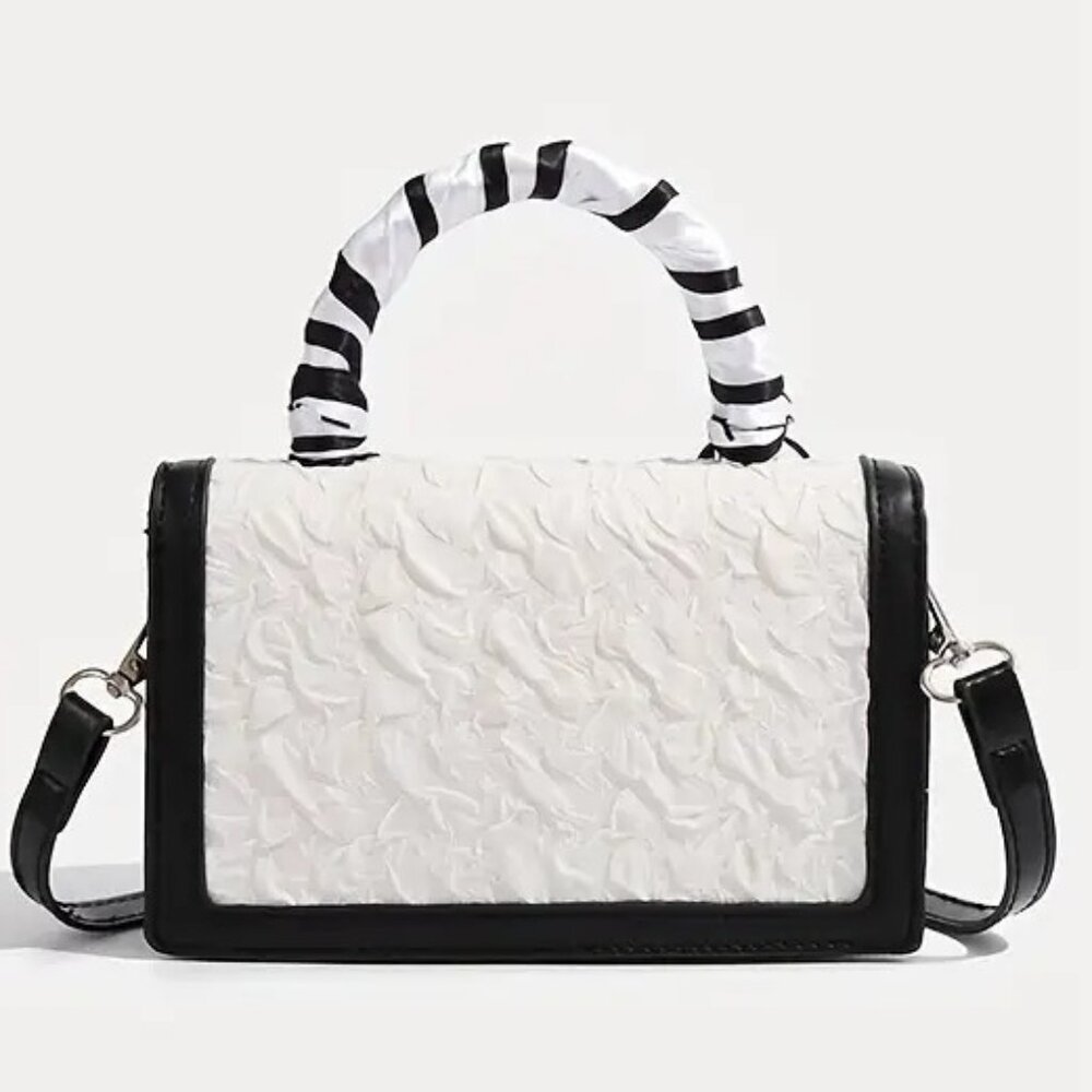 Chic Black/White Textures Floral Mini Crossbody Top Handle Bag w/Twilly - Picture 10 of 13